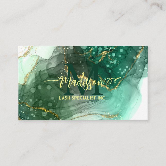 Aqua Sea Green Gold Glitter Marble Agate Monogram Business Card (Front)