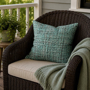 Aqua Seafoam Blue Green Grey Boucle Woven Pattern Outdoor Pillow