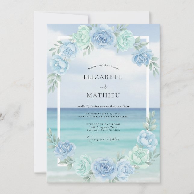 Aqua Seafoam Wreath Wedding Invitation (Front)