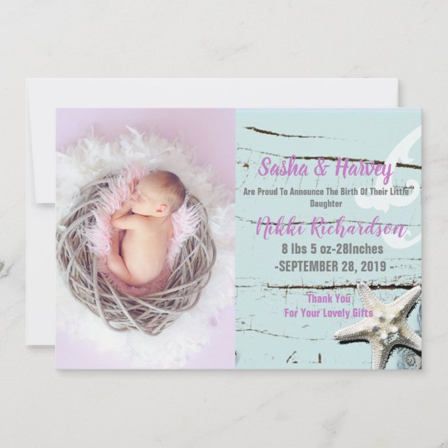 aqua seashell beach Baby Faire-part de naissance p (Devant)