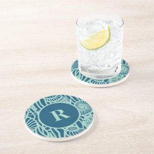 Aqua Seashell Pattern Sandstone Coaster
