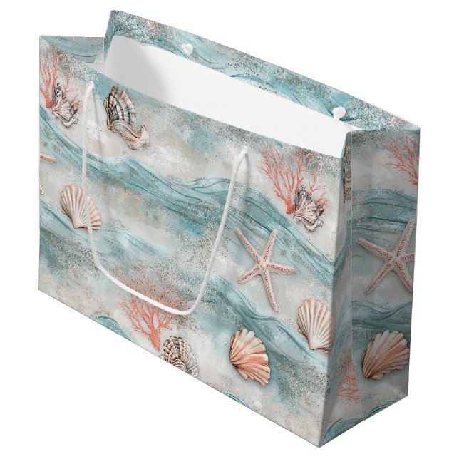 Aqua Seaside Coral Beach Pattern Large Gift Bag (Front Angled)