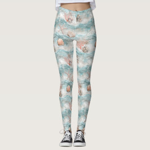 Aqua Seaside Coral Beach Pattern Leggings