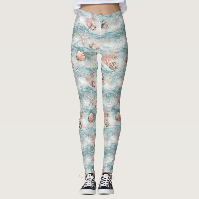 Aqua Seaside Coral Beach Pattern Leggings (Front)