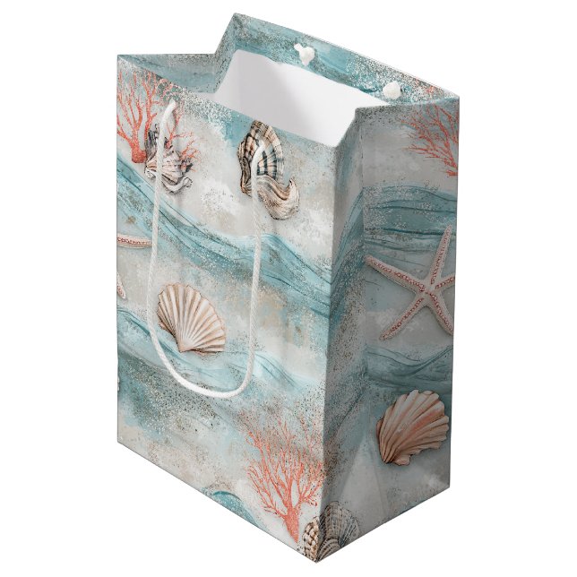 Aqua Seaside Coral Beach Pattern Medium Gift Bag (Front Angled)