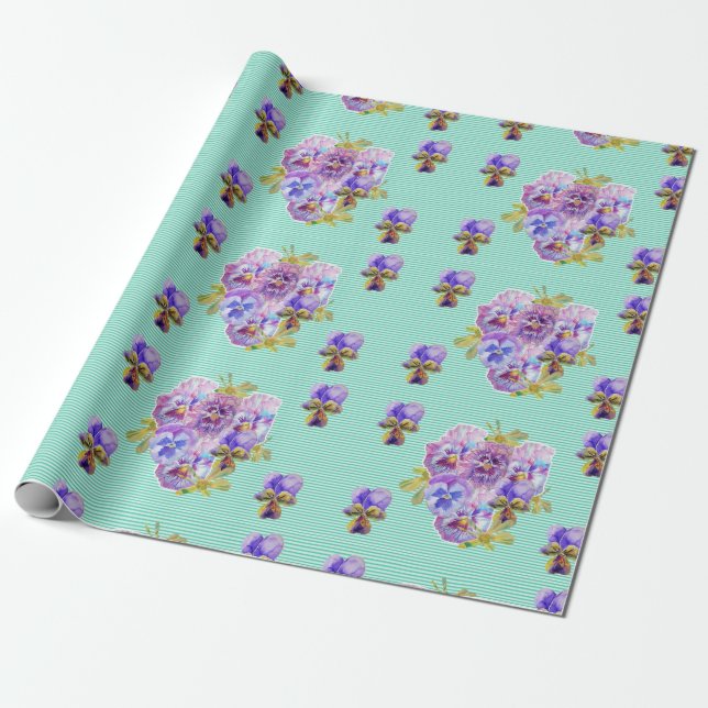 Aqua Shabby Chic Pansy flowers floral Wrapping Paper (Unrolled)