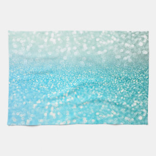 Aqua Silver Beach Blue Summer Glitter Gradient Kitchen Towel
