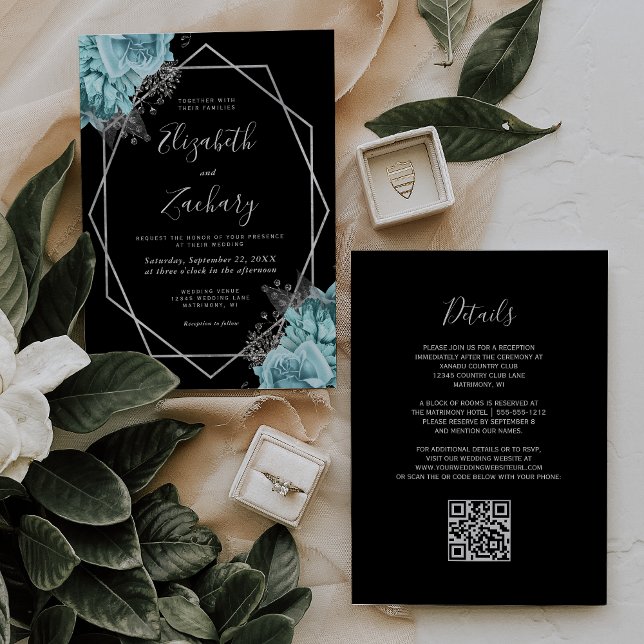 Aqua Silver Floral Black QR Code Wedding Invitation (Creator Uploaded)