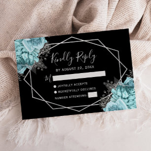 Aqua Silver Floral Geometric Black RSVP Card