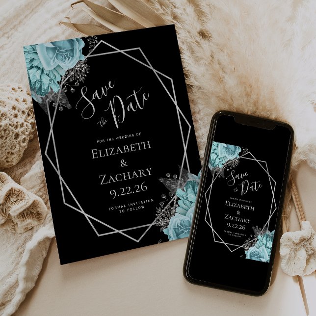 Aqua Silver Floral Geometric Black Save the Date (Créateur téléchargé)