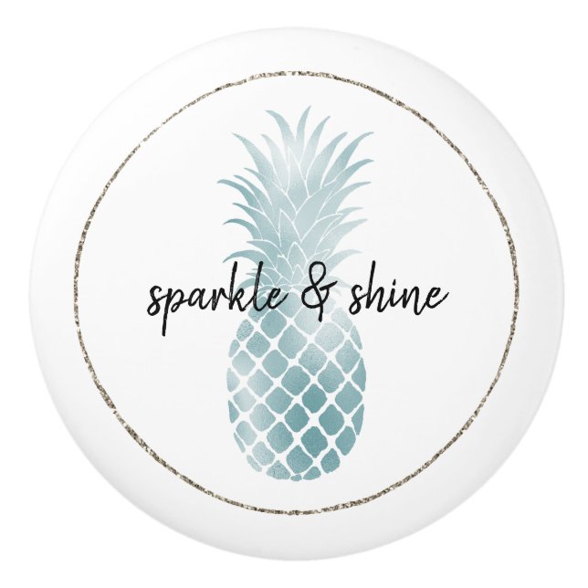 Aqua Silver Glam Glitz Pineapple Ceramic Knob (Front)