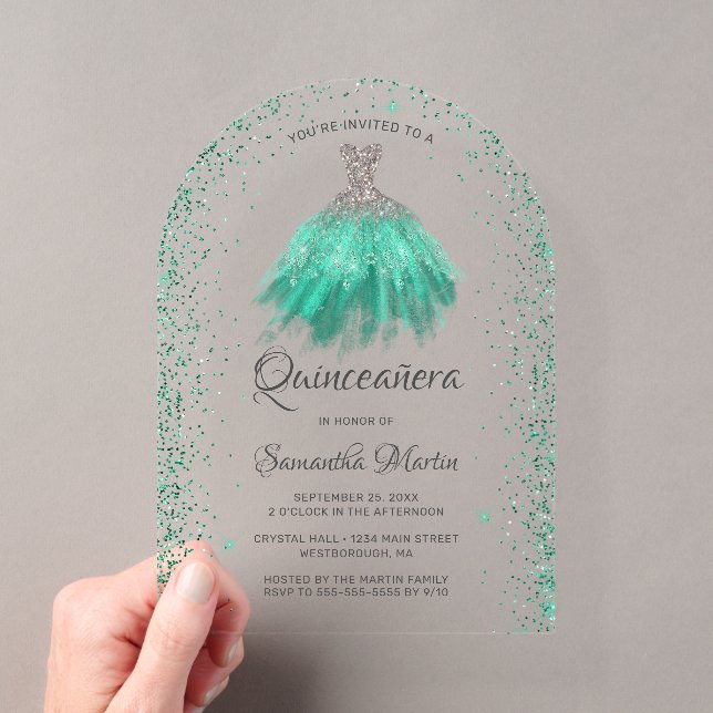 Aqua Silver Glitter Dress Quinceañera Party Acrylic Invitations (Insitu (Handheld))