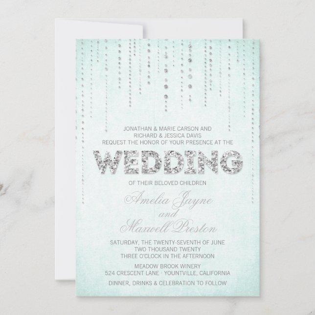 Aqua & Silver Glitter Look Wedding Invitation (Front)