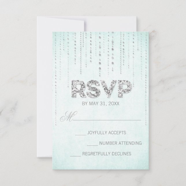 Aqua & Silver Glitter Look Wedding RSVP Card (Front)