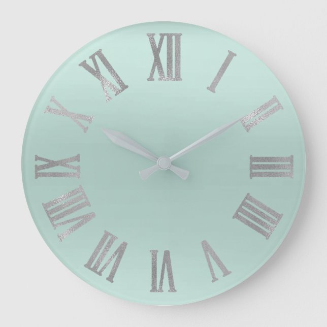 Aqua Silver Minimal Metallic Roman Numers Large Clock (Front)