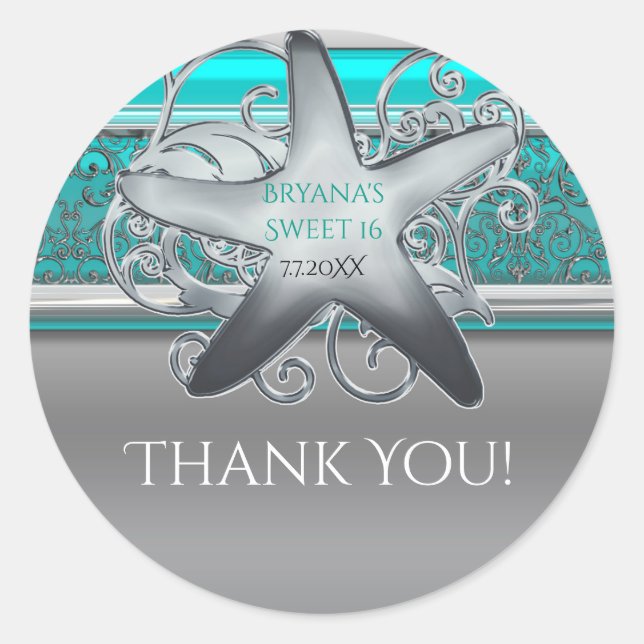 Aqua & Silver Starfish Beach Party Favour Classic Round Sticker (Front)