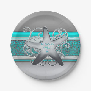 Aqua & Silver Starfish Beach Party Reception Paper Plate