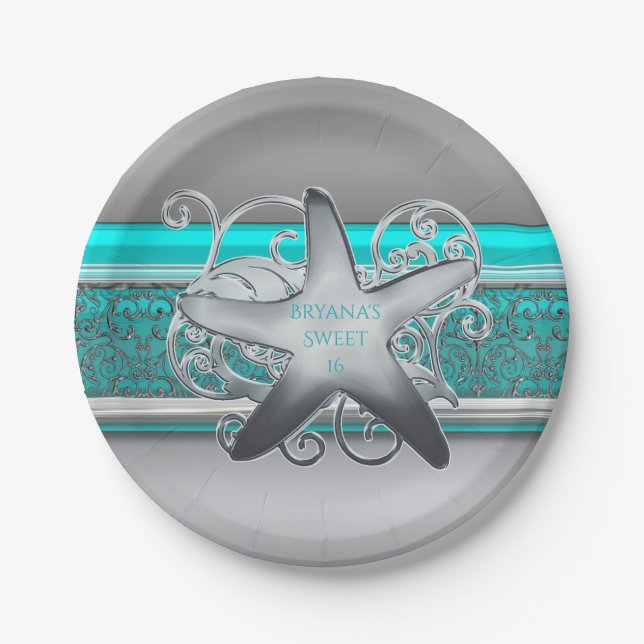 Aqua & Silver Starfish Beach Party Reception Paper Plate (Front)