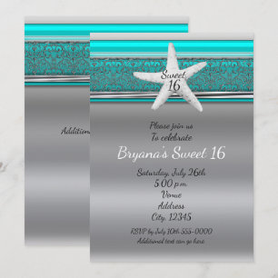 Aqua & Silver Starfish Beach Sweet 16 Invitations