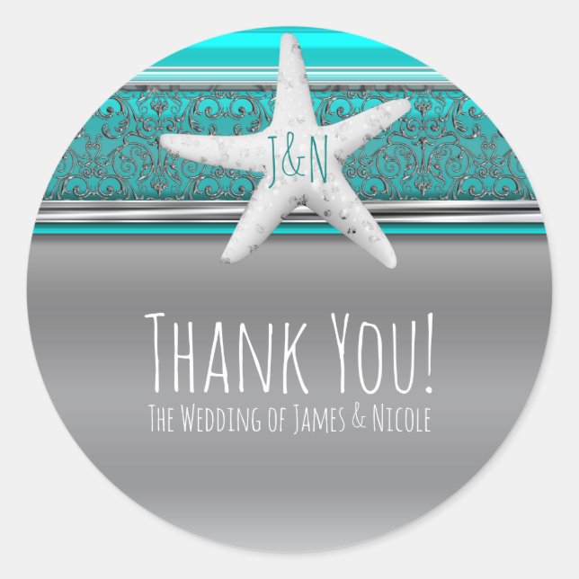 Aqua & Silver Starfish Elegant Beach Wedding Favou Classic Round Sticker (Front)