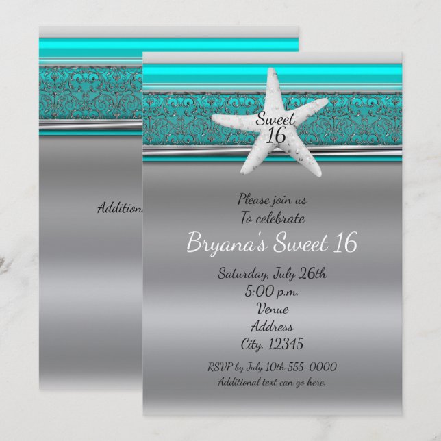 Aqua & Silver Starfish Plage Sweet 16 Invitations (Devant / Derrière)