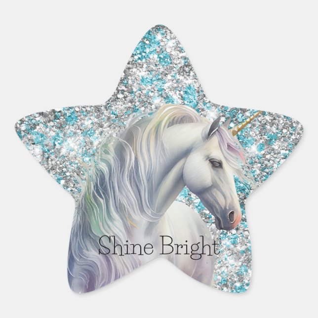 Aqua Silver Unicorn Glitter Sparkle Birthday Favou Star Sticker (Front)