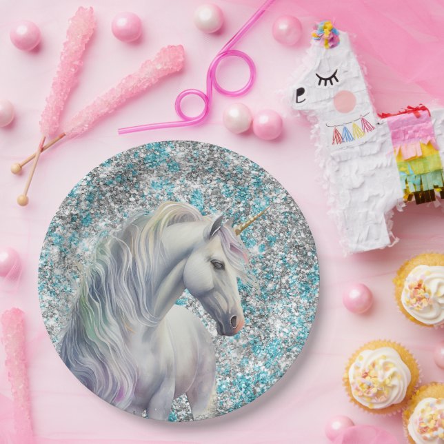 Aqua Silver Unicorn Glitter Sparkle Birthday Paper Plate (Party)