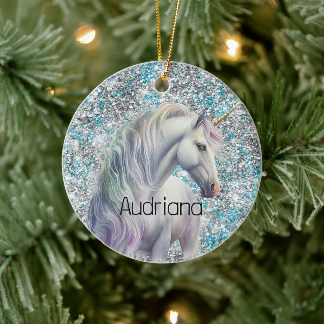 Aqua Silver Unicorn Glitter Sparkle Ceramic Ornament (Tree)