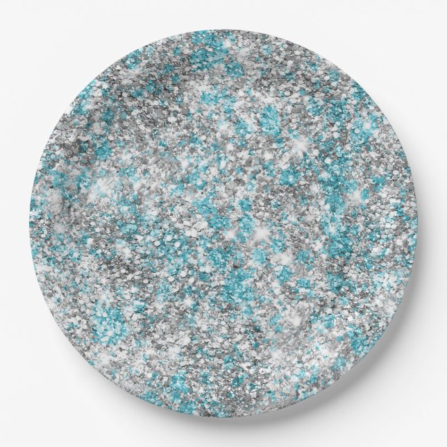 Aqua Silver Unicorn Glitter Sparkle  Paper Plate (Front)