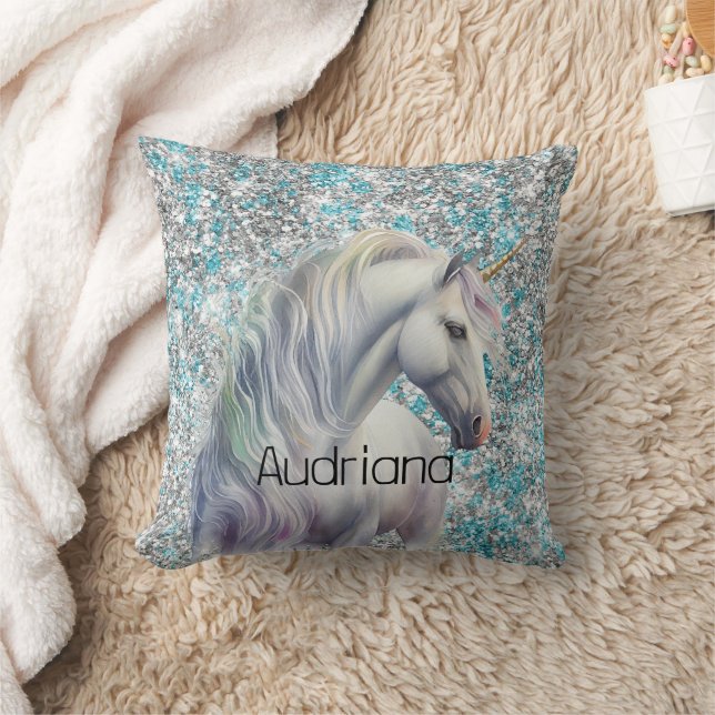 Aqua Silver Unicorn Glitter Sparkle Throw Pillow (Blanket)