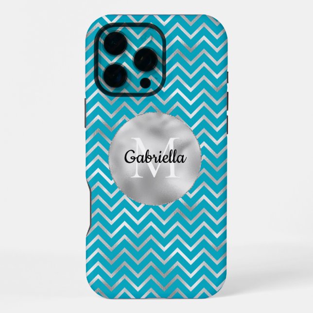 Aqua Silver Zigzag Stripes Monogram iPhone Case (Back)