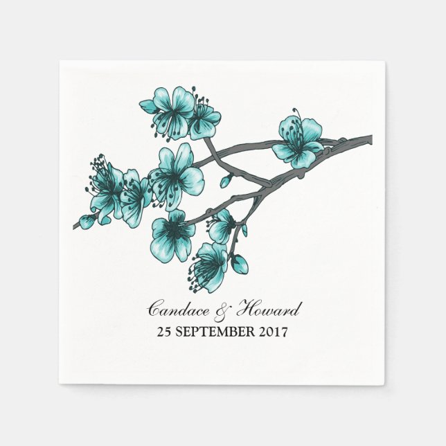 Aqua Simple Cherry Blossoms Paper Napkins (Front)