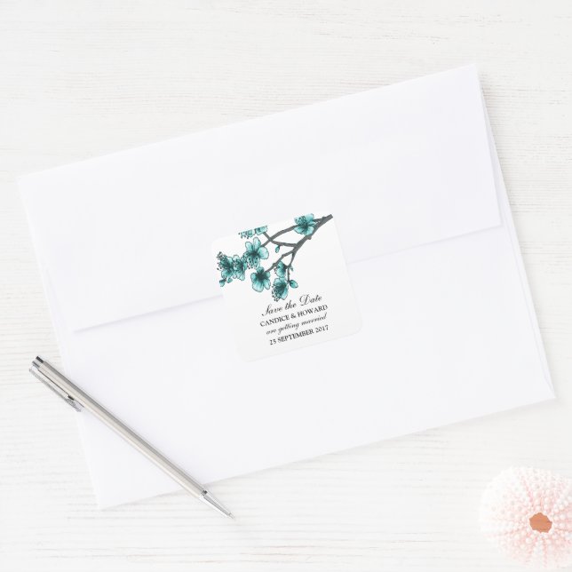 Aqua Simple Cherry Blossoms Save the Date Square Sticker (Envelope)