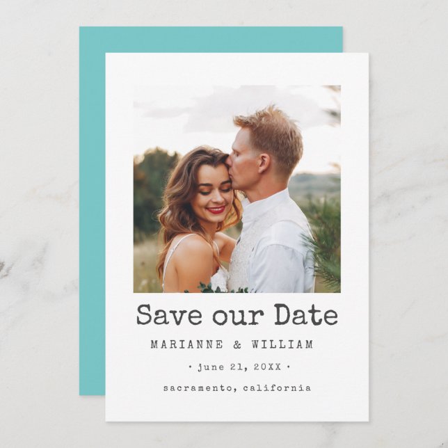 Aqua Simple SQUARE Photo wedding save the date (Front/Back)