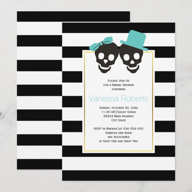 Aqua skulls and stripes wedding bridal shower invitation (Front/Back)
