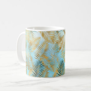 Aqua Sky Green Gold Tropical Leaves     Coffee Mug