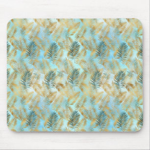 Aqua Sky Green Gold Tropical Leaves          Mouse Pad