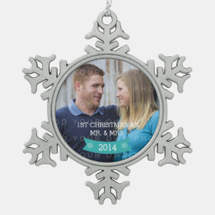 Aqua Snowflake Banner Holiday Photo Ornament