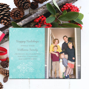 Aqua Snowflake Swirls Holiday Photo Flat Card