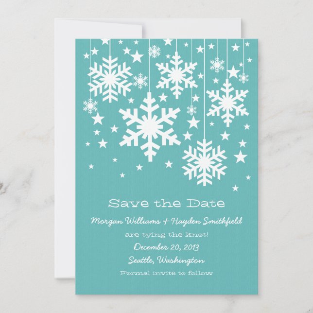 Aqua Snowflakes and Stars Save the Date Invite (Front)