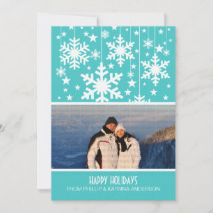 Aqua Snowflakes Stars Holiday Photo Flat Card