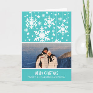 Aqua Snowflakes Stars Photo Greeting Card