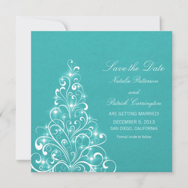 Aqua Sparkly Holiday Tree Save the Date Invite (Front)