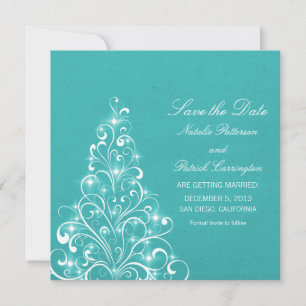 Aqua Sparkly Holiday Tree Save the Date Invite