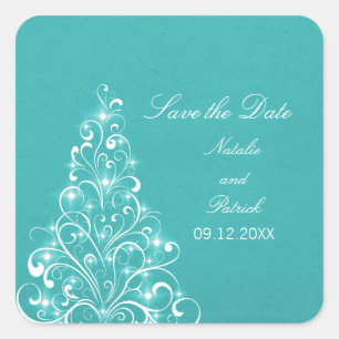 Aqua Sparkly Holiday Tree Save the Date Stickers
