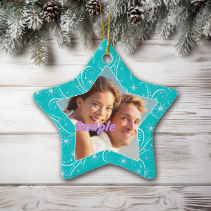 Aqua Star Swirl Christmas Photo Ornament