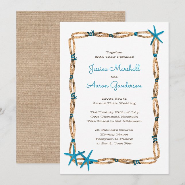 Aqua Starfish and Burlap Wedding Invitation (Front/Back)