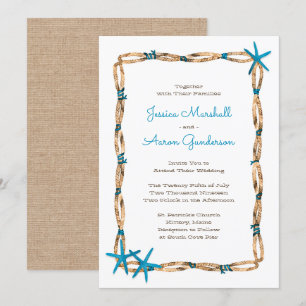 Aqua Starfish and Burlap Wedding Invitation