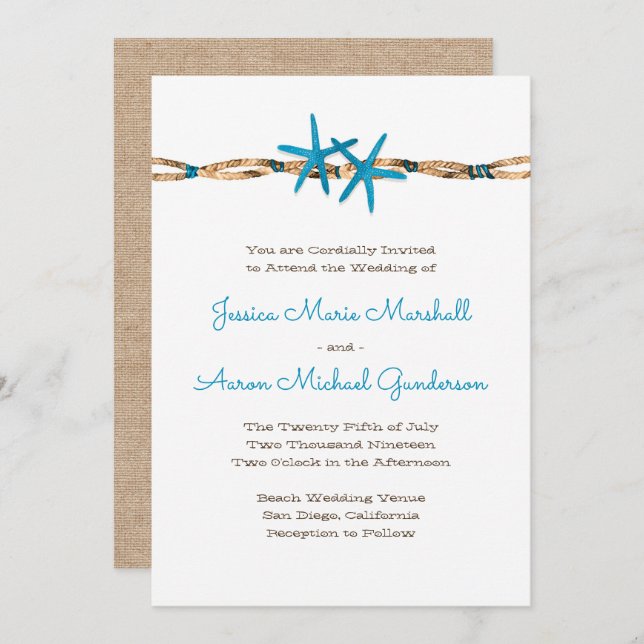 Aqua Starfish and Nautical Rope Wedding 2 Invitation (Front/Back)
