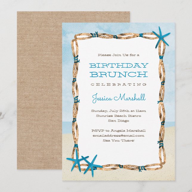 Aqua Starfish and Watercolor Beach Birthday Invitation (Front/Back)